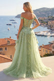 Corsetto verde a linea a A con spalle scoperte vestito da cerimonia lungo floreale con volant