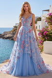 Abito da cerimonia lungo a V in stile floreale blu A Line