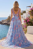 Abito da cerimonia lungo a V in stile floreale blu A Line