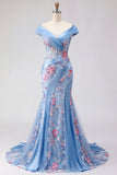 Vestito lungo da cerimonia con corsetto scollo a V blu