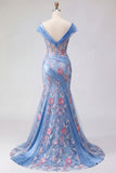 Vestito lungo da cerimonia con corsetto scollo a V blu