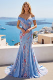 Vestito lungo da cerimonia con corsetto scollo a V blu
