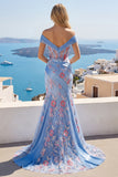 Vestito lungo da cerimonia con corsetto scollo a V blu