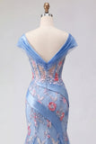 Vestito lungo da cerimonia con corsetto scollo a V blu