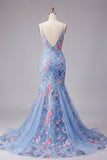 Abito da cerimonia a V con spalline floreali a sirena blu