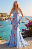 Abito da cerimonia a V con spalline floreali a sirena blu