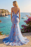 Abito da cerimonia a V con spalline floreali a sirena blu