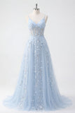 Corsetto blu a paillettes con applichi e abito lungo da cerimonia