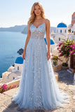 Corsetto blu a paillettes con applichi e abito lungo da cerimonia