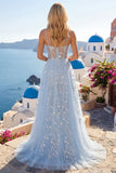 Corsetto blu a paillettes con applichi e abito lungo da cerimonia