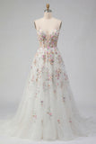 Abito da sposa lungo a linea bianca con paillettes e fiori 3D
