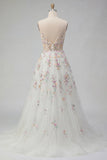 Abito da sposa lungo a linea bianca con paillettes e fiori 3D