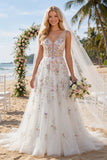 Abito da sposa lungo a linea bianca con paillettes e fiori 3D