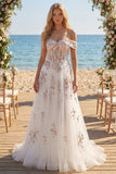 Corsetto floreale bianco scintillante con perline sulla spalla Abito da sposa lungo