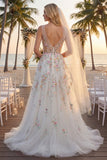 Abito da sposa lungo a linea bianca con paillettes e fiori 3D