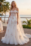 Corsetto floreale bianco scintillante con perline sulla spalla Abito da sposa lungo