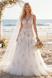 Abito da sposa lungo a linea bianca con paillettes e fiori 3D
