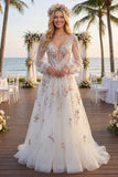 Abito da sposa bianco floreale scollo a V A Line