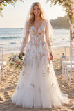 Abito da sposa bianco floreale scollo a V A Line