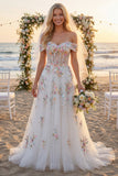 Corsetto floreale bianco scintillante con perline sulla spalla Abito da sposa lungo