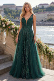 Abito da cerimonia a lunga con paillettes verde scuro scintillante