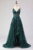 Corsetto verde scuro scintillante con tulle alto e basso paillettes abito da cerimonia