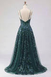 Corsetto verde scuro scintillante con tulle alto e basso paillettes abito da cerimonia