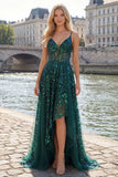 Corsetto verde scuro scintillante con tulle alto e basso paillettes abito da cerimonia