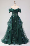 Abito da cerimonia lungo da scintillante verde scuro con paillettes spuntate sulle spalle e corsetto arricciato