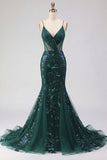 Abito da cerimonia lungo da con spalline a paillettes verde scuro scintillante con paillettes e vestito da ballo