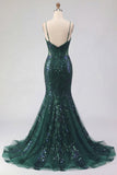 Abito da cerimonia lungo da con spalline a paillettes verde scuro scintillante con paillettes e vestito da ballo