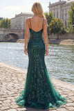 Abito da cerimonia lungo da con spalline a paillettes verde scuro scintillante con paillettes e vestito da ballo