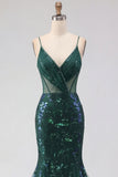 Abito da cerimonia lungo da con spalline a paillettes verde scuro scintillante con paillettes e vestito da ballo