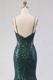 Abito da cerimonia lungo da con spalline a paillettes verde scuro scintillante con paillettes e vestito da ballo