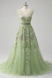 Abito da cerimonia verde a V a scollo floreale ricamato in tulle