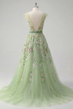 Abito da cerimonia verde a V a scollo floreale ricamato in tulle