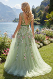Abito da cerimonia verde a V a scollo floreale ricamato in tulle