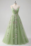 Abito da cerimonia in tulle con spalline spaghetti verdi A Line A