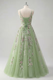 Abito da cerimonia in tulle con spalline spaghetti verdi A Line A
