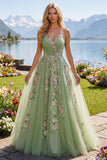 Abito da cerimonia in tulle con spalline spaghetti verdi A Line A