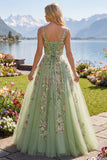 Abito da cerimonia in tulle con spalline spaghetti verdi A Line A