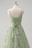Abito da cerimonia in tulle con spalline spaghetti verdi A Line A
