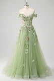 Abito da cerimonia Corsetto floreale a spalle scoperte verde A Line