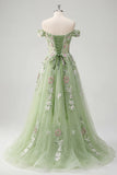 Abito da cerimonia Corsetto floreale a spalle scoperte verde A Line