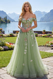 Abito da cerimonia Corsetto floreale a spalle scoperte verde A Line
