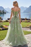 Abito da cerimonia Corsetto floreale a spalle scoperte verde A Line