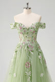 Abito da cerimonia Corsetto floreale a spalle scoperte verde A Line