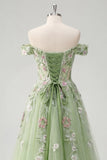 Abito da cerimonia Corsetto floreale a spalle scoperte verde A Line