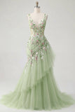 Abito da ballo verde floreale a V, scollo a V e sirena con applique,