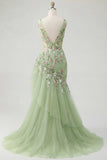 Abito da ballo verde floreale a V, scollo a V e sirena con applique,